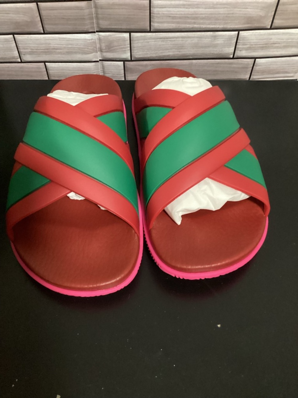 Gucci Red Green Pink Crisscross Slide Sandals